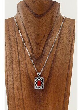 Vintage Sterling Silver 925 Ornate Rectangle Red Stone Enamel Pendant 1" X .75"
